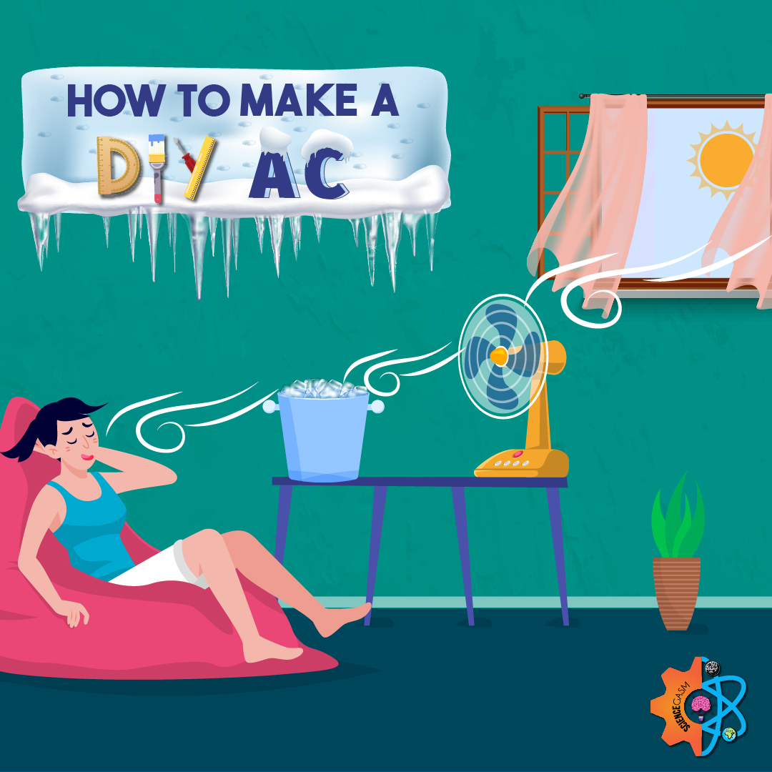 Illustration of a DIY air conditioner setup with a fan and ice bucket cooling a woman indoors during a heat wave