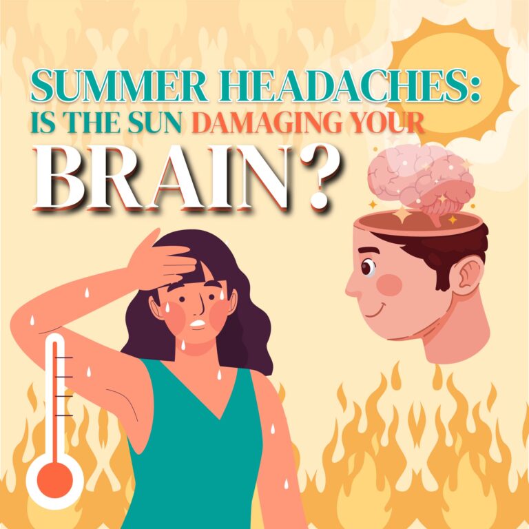 Illustration of a woman sweating in the heat with a thermometer and flames, alongside a brain graphic, with text “Summer Headaches: Is the Sun Damaging Your Brain?