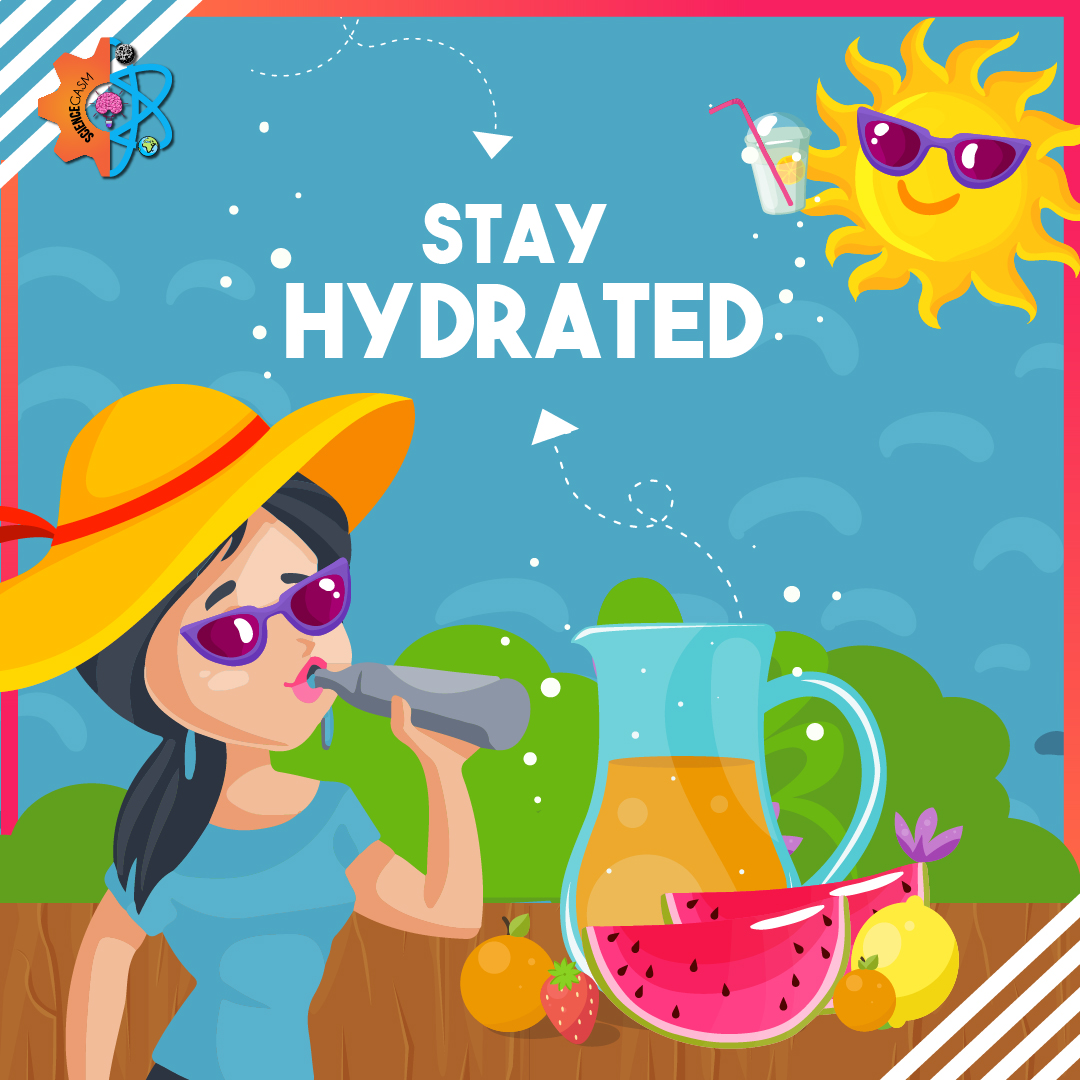 Illustration reminding to stay hydrated during hot weather: woman in sun hat drinking water, smiling sun wearing sunglasses, fruits and juice for hydration.