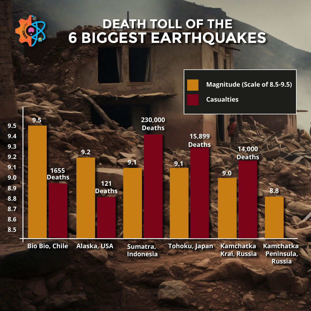 Infographic comparing earthquake magnitudes and death tolls: Bio Bio, Chile (9.5, 1655 deaths), Alaska USA (9.2, 121 deaths), Sumatra Indonesia (9.1, 230,000 deaths), Tohoku Japan (9.1, 15,899 deaths), Kamchatka Krai Russia (9.0, 14,000 deaths), Kamchatka Peninsula Russia (8.8, deaths not specified).