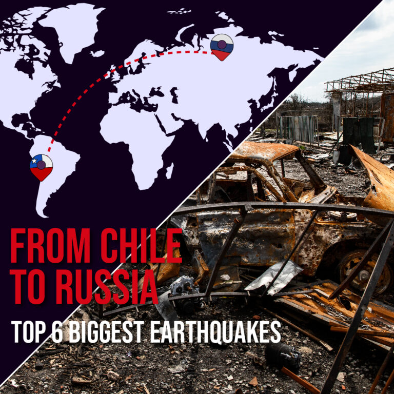 Map from Chile to Russia with earthquake destruction scene showing top 6 biggest earthquakes in history.