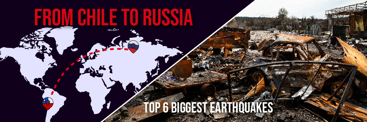 Map from Chile to Russia with earthquake destruction scene showing top 6 biggest earthquakes in history.