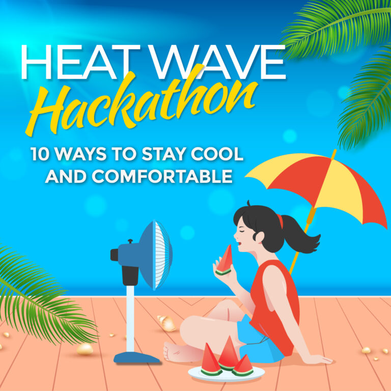 Illustration of a woman sitting under an umbrella, eating watermelon in front of a fan with text “Heat Wave Hackathon – 10 Ways to Stay Cool and Comfortable”