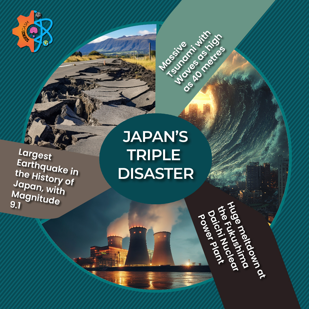 Infographic showing Japan’s triple disaster: the 2011 earthquake (magnitude 9.1), a massive tsunami with waves up to 40 meters, and the Fukushima Daiichi nuclear power plant meltdown.