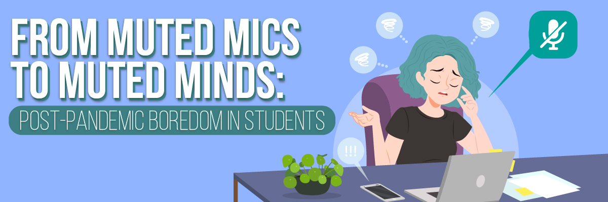 Illustration of a student bored during an online class, symbolizing muted microphones and disengagement in post-pandemic learning.