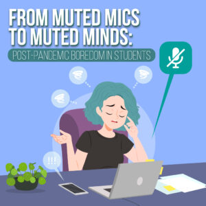 Illustration of a student bored during an online class, symbolizing muted microphones and disengagement in post-pandemic learning.