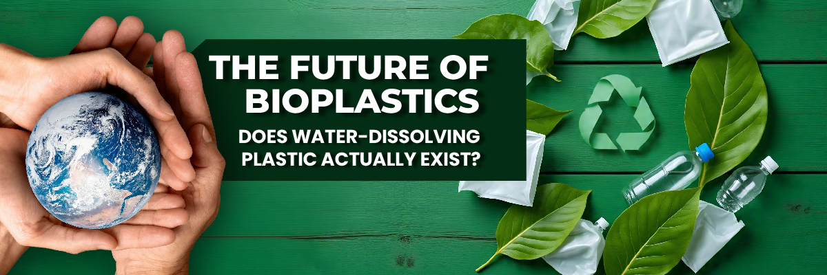 The future of bioplastics concept with recyclable bottles, eco-friendly packaging, green leaves, and question of water-dissolving plastic.