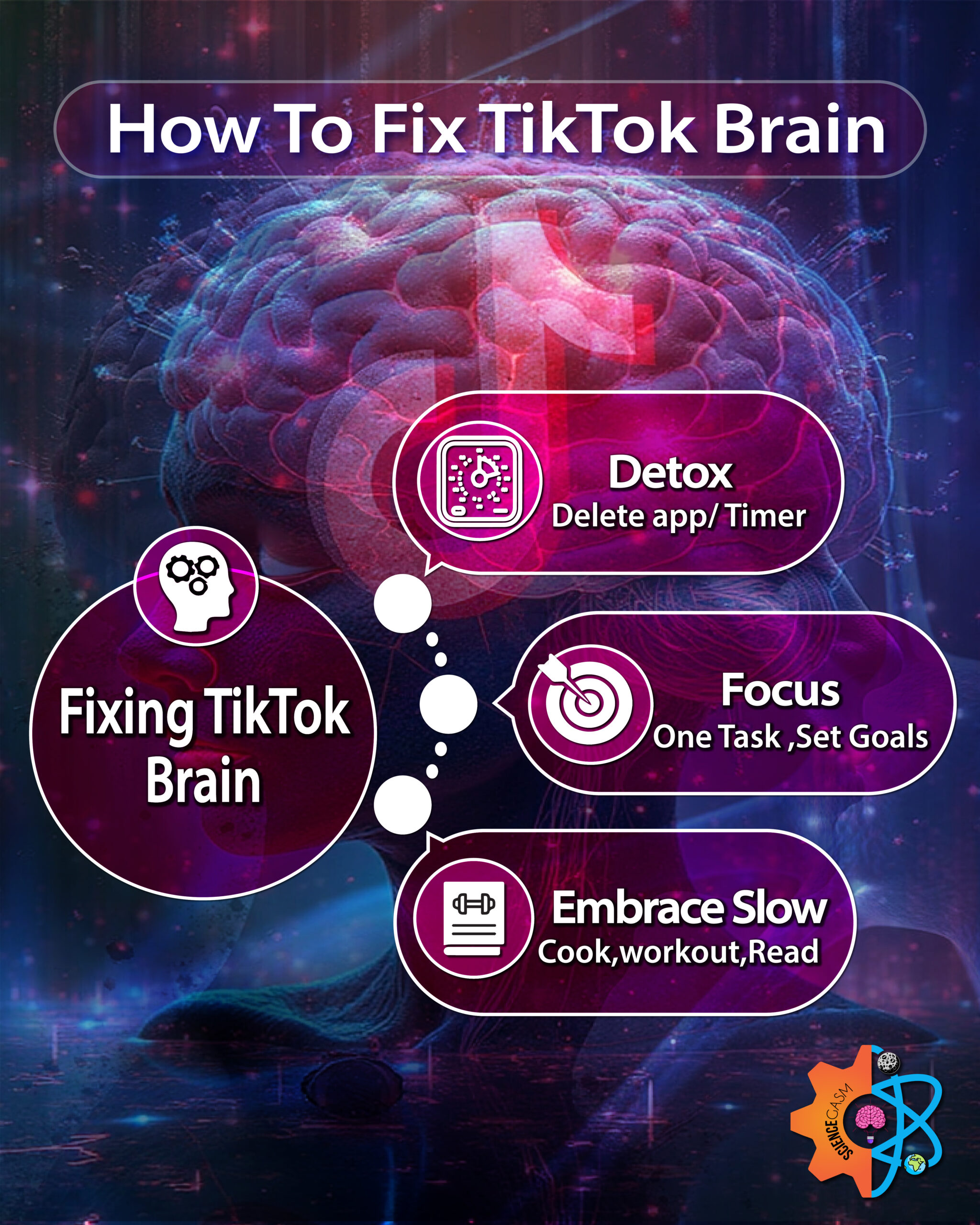 Infographic showing three tips to fix TikTok brain — detox, focus, and embrace slow habits.