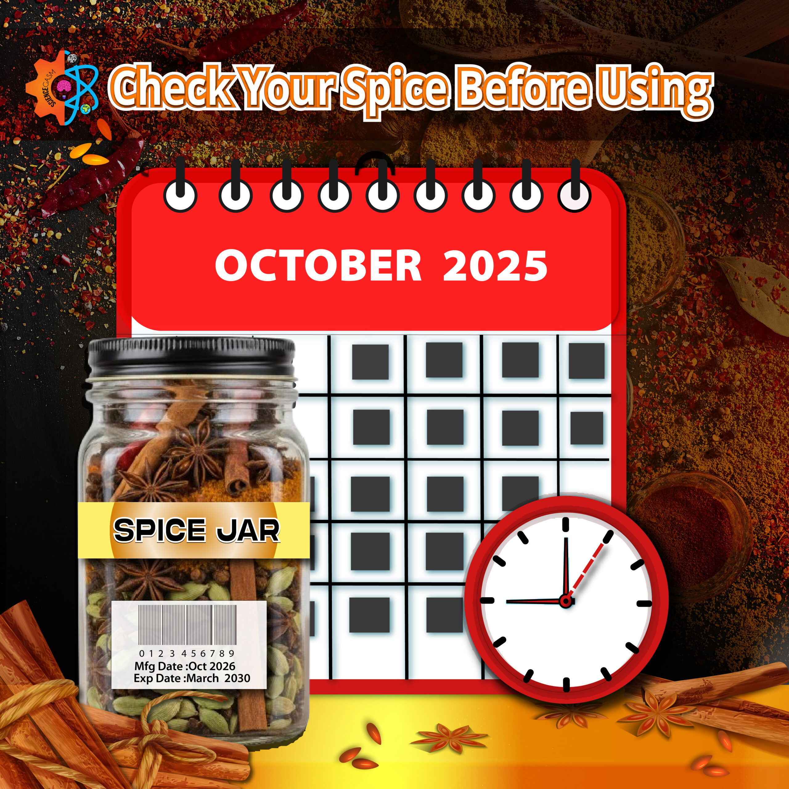 This graphic shows a spice jar in front of a calendar with a clock beside it. This highlights the importance of checking expiration dates on spices. 