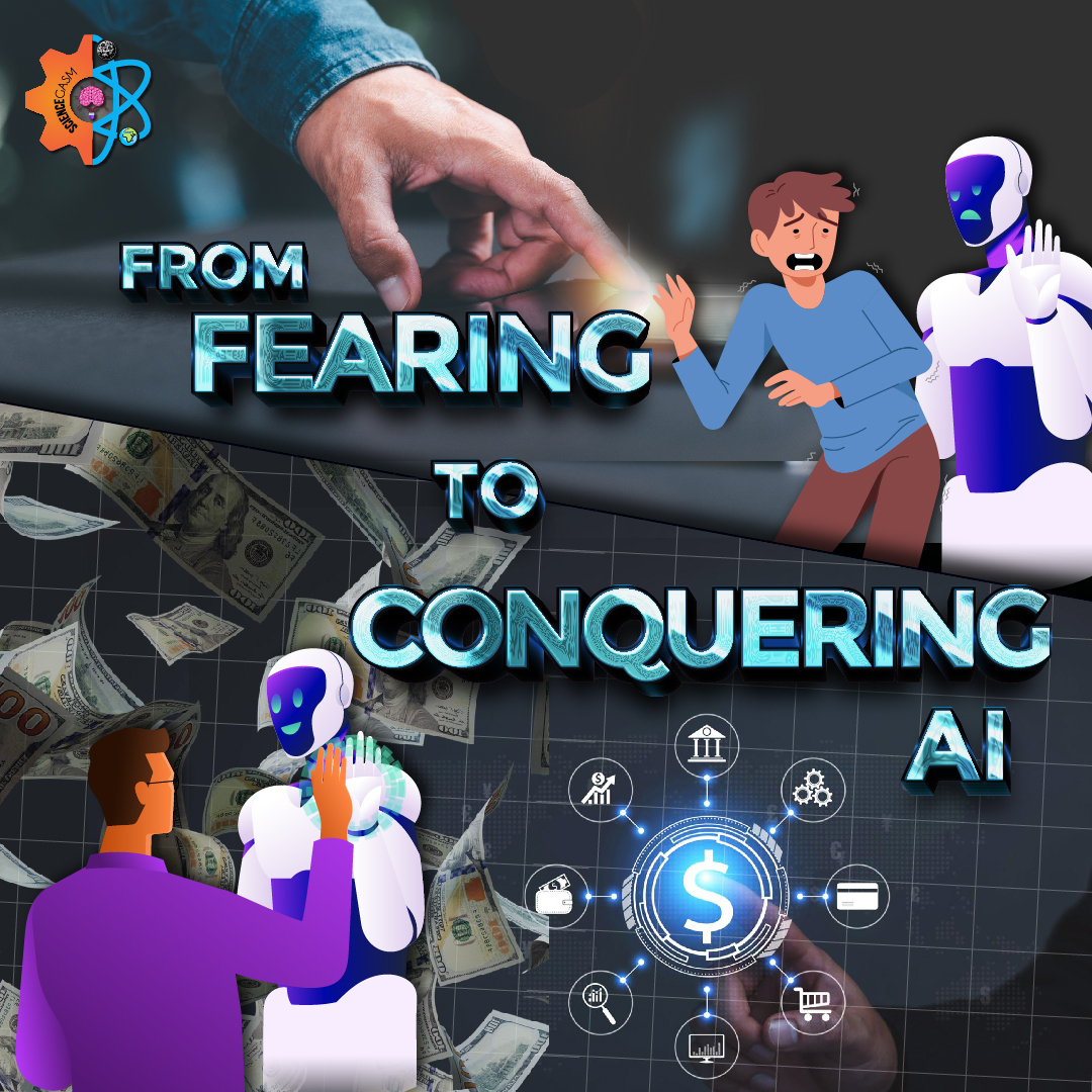 This graphic highlights the importance of working with AI. At one side the man is fearing AI while at the other side the man seems happy working with AI.