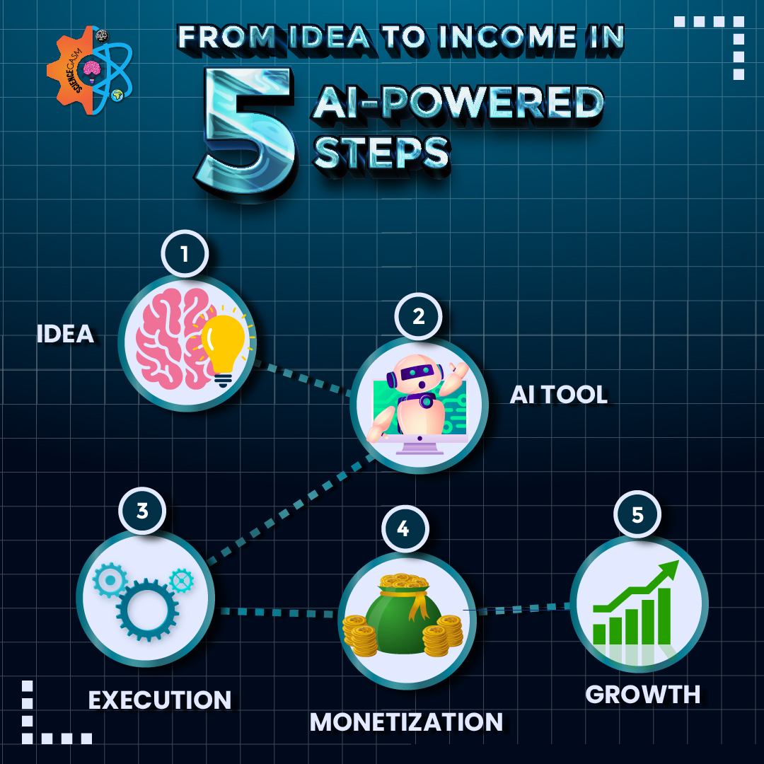 This image shows 5 AI-powered steps that can help you make money online. AI tool executes your idea, leading to monetization and financial growth.