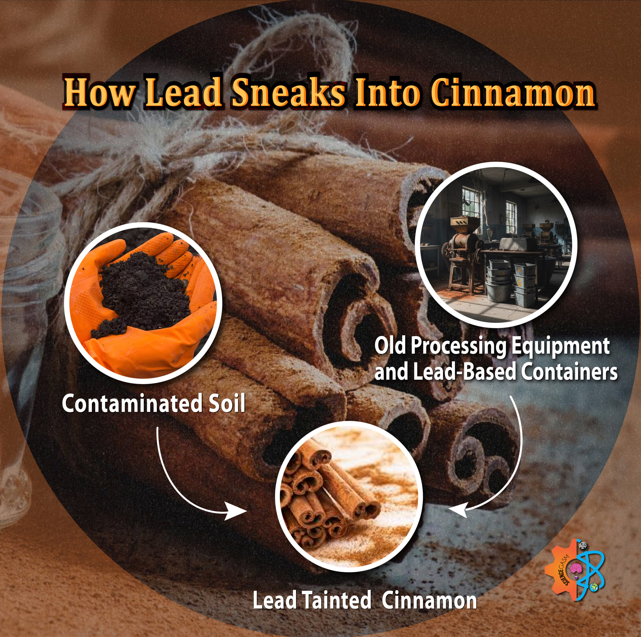 This image highlights the two major sources that cause lead contamination in ground cinnamon. 