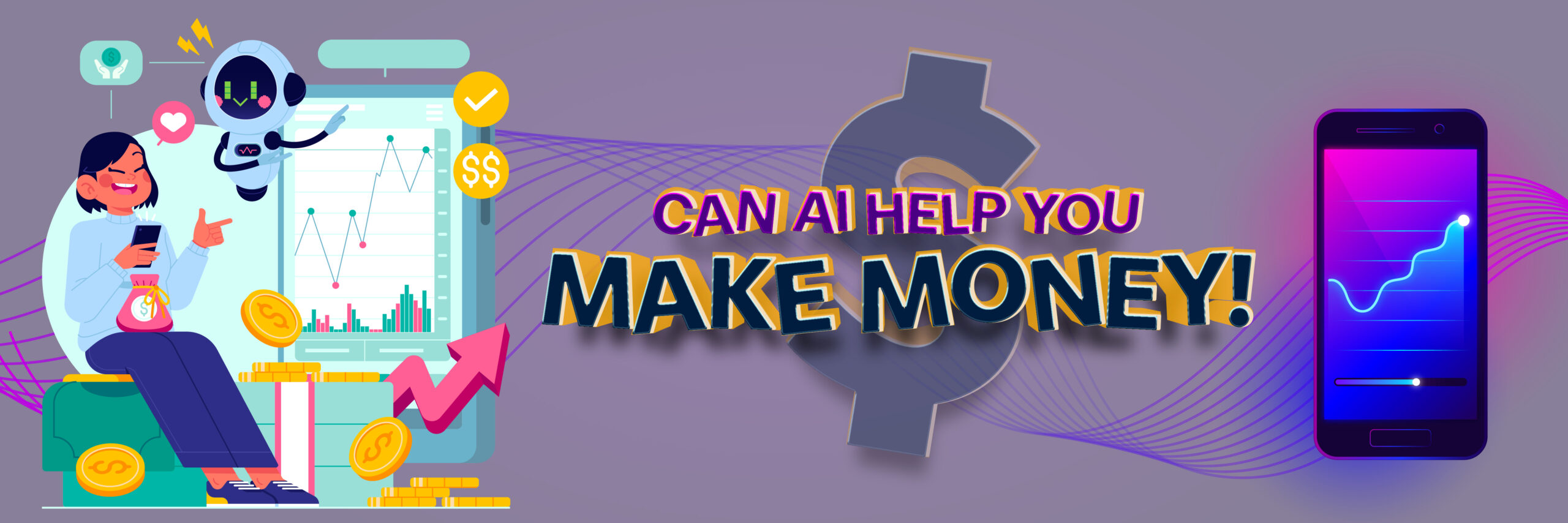 This is an Illustration of a cheerful person and AI working together showing how humans and AI co-exist in this advanced age of technology.