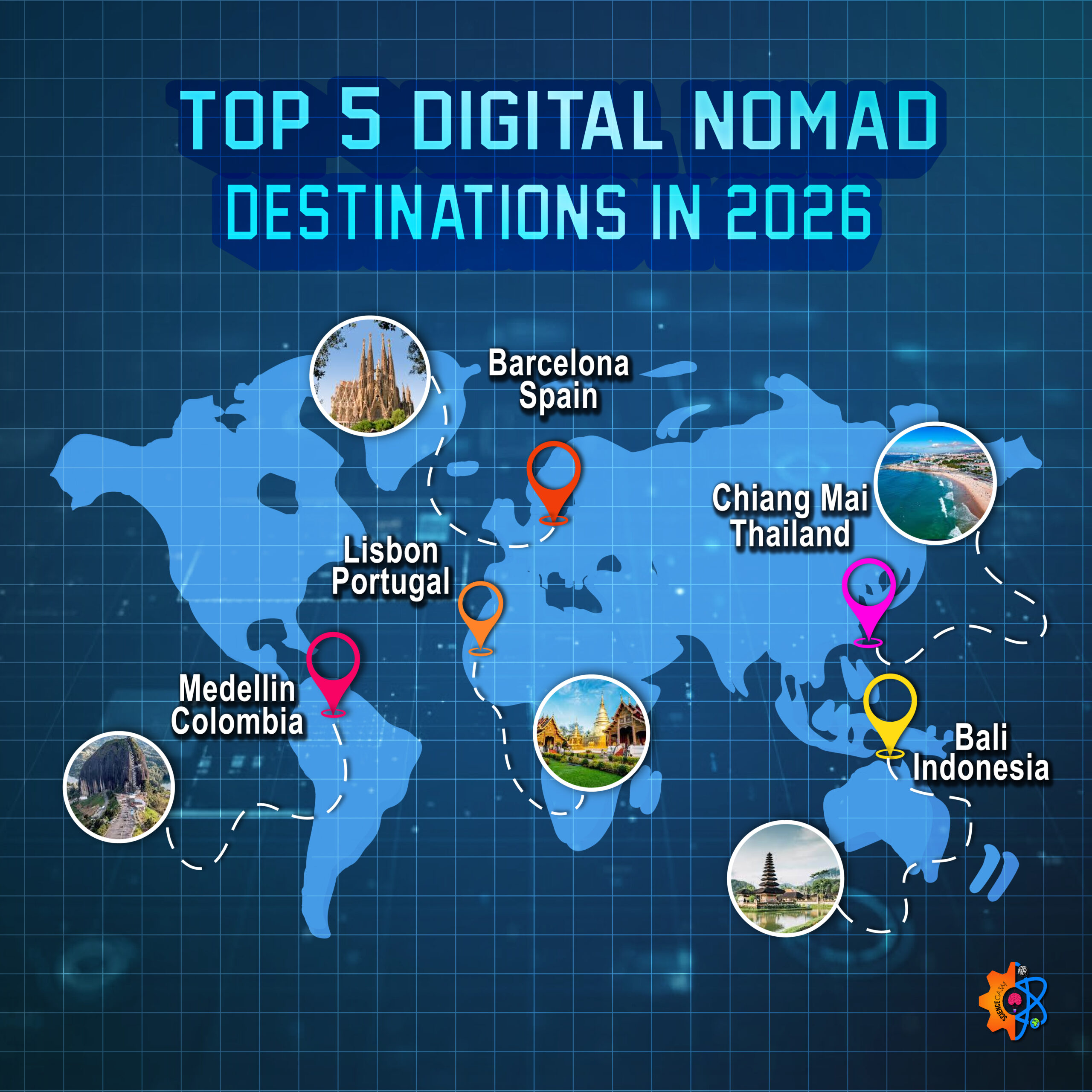 World map highlighting the top digital nomad destinations for 2026.