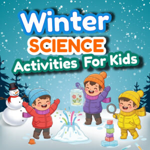 Winter science activities for kids playing in the snow with experiments like ice melting, colorful splashes, and hands-on learning outdoors