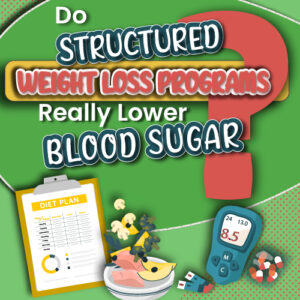 Infographic asking whether structured weight loss programs can help lower blood sugar levels, showing a diet plan, healthy foods, and a glucose monitor.