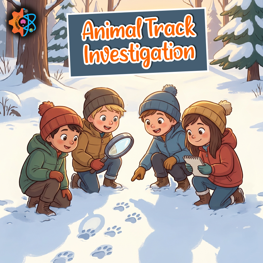 Kids investigating animal tracks in snow using magnifying glass during winter science activity