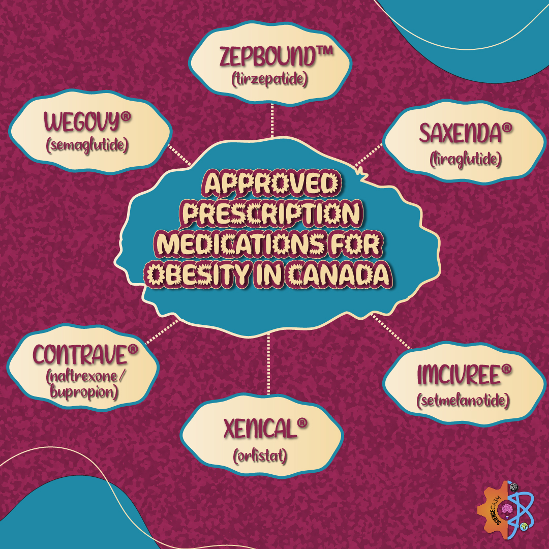 Infographic showing prescription medications approved for obesity treatment in Canada, including Wegovy, Saxenda, Zepbound, Contrave, Xenical, and Imcivree with their active ingredients.