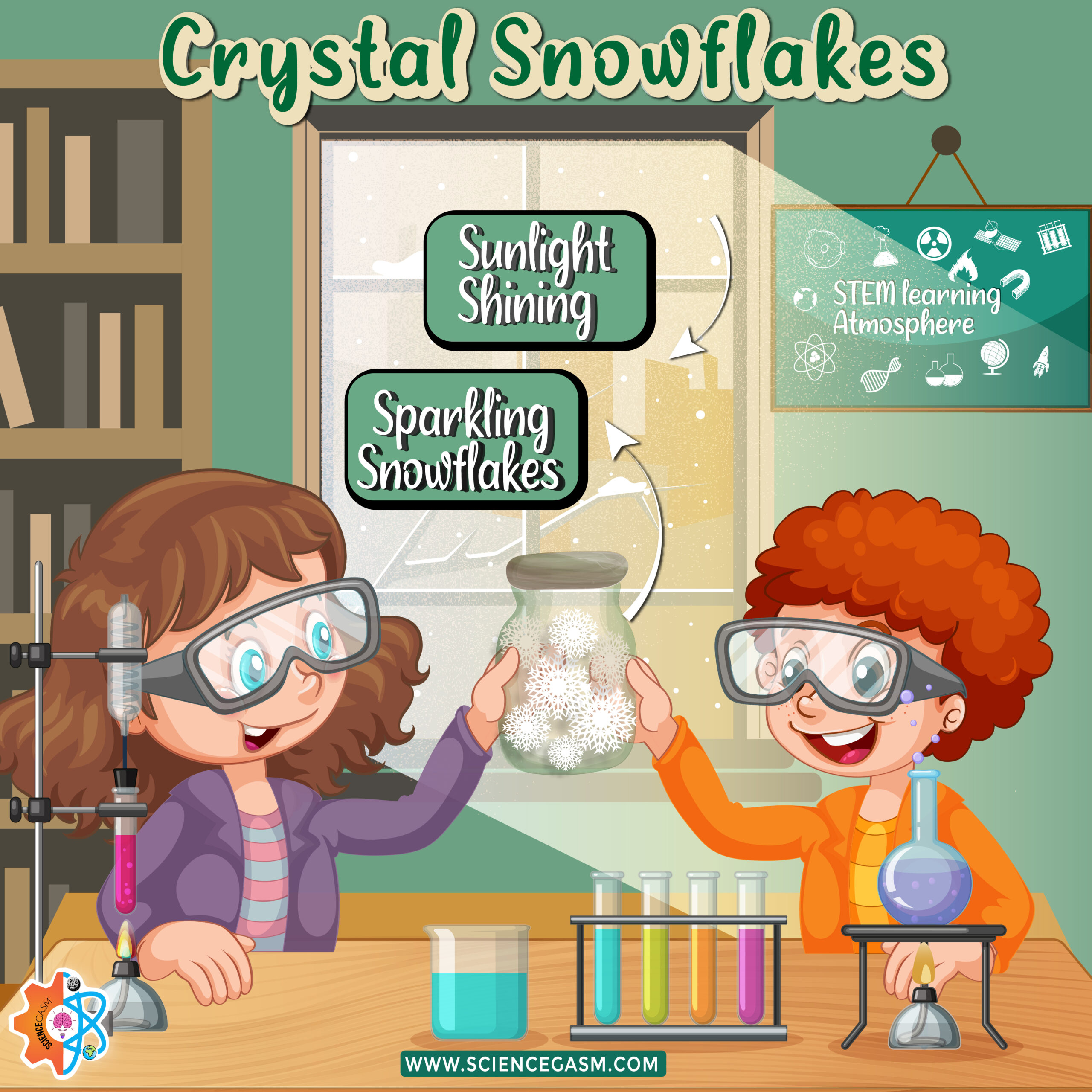 Crystal snowflakes growing inside a jar with kids observing the experiment in a science classroom.