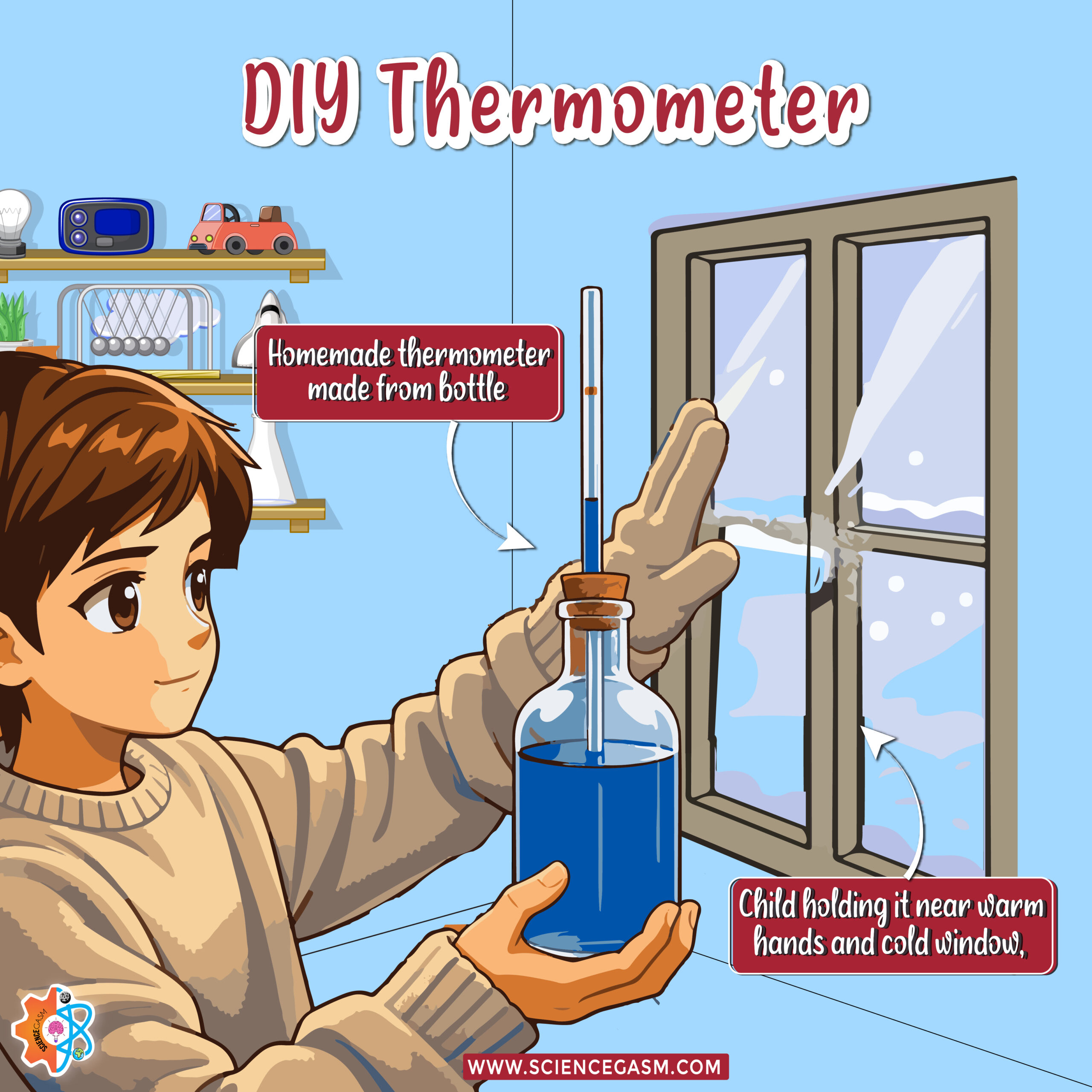 DIY thermometer made from a bottle showing liquid rising when exposed to temperature changes near a window.