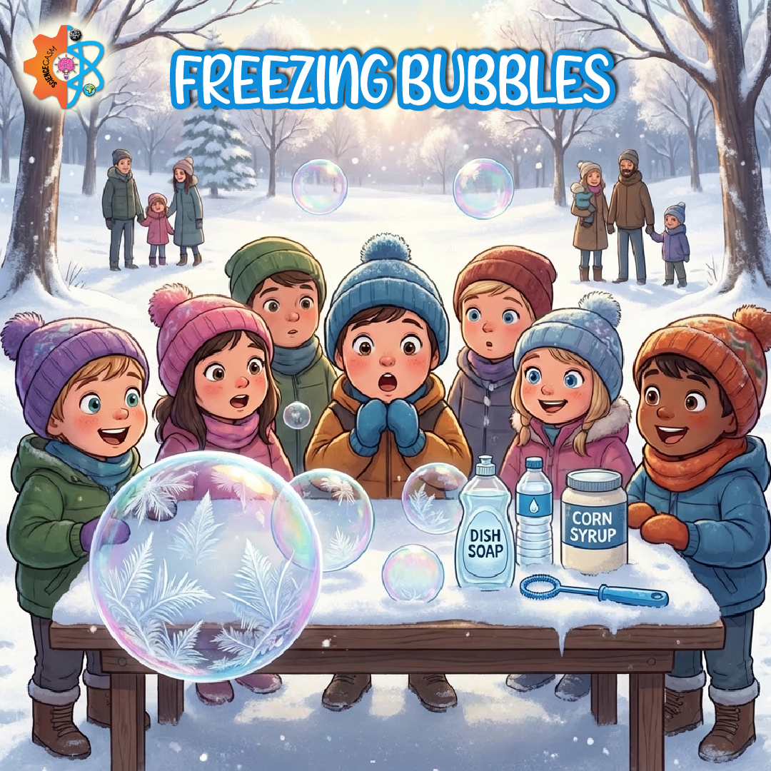 Freezing bubbles experiment showing soap bubbles forming ice crystals in cold winter air