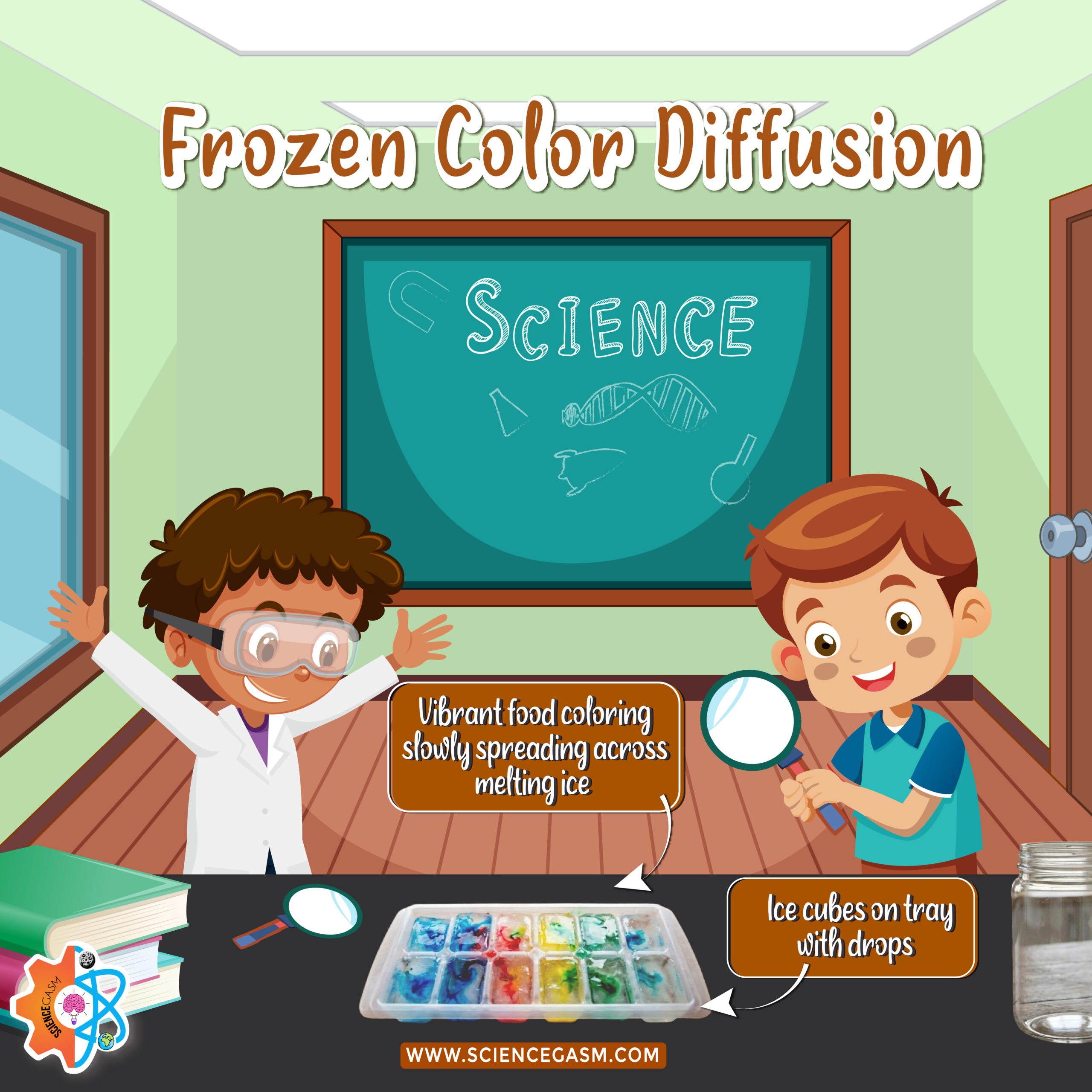 Frozen color diffusion experiment showing food coloring spreading across melting ice cubes in a tray.