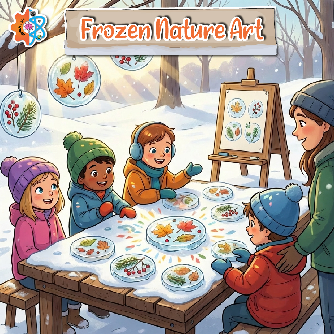 Frozen nature art showing leaves and berries frozen in ice circles during winter craft activity