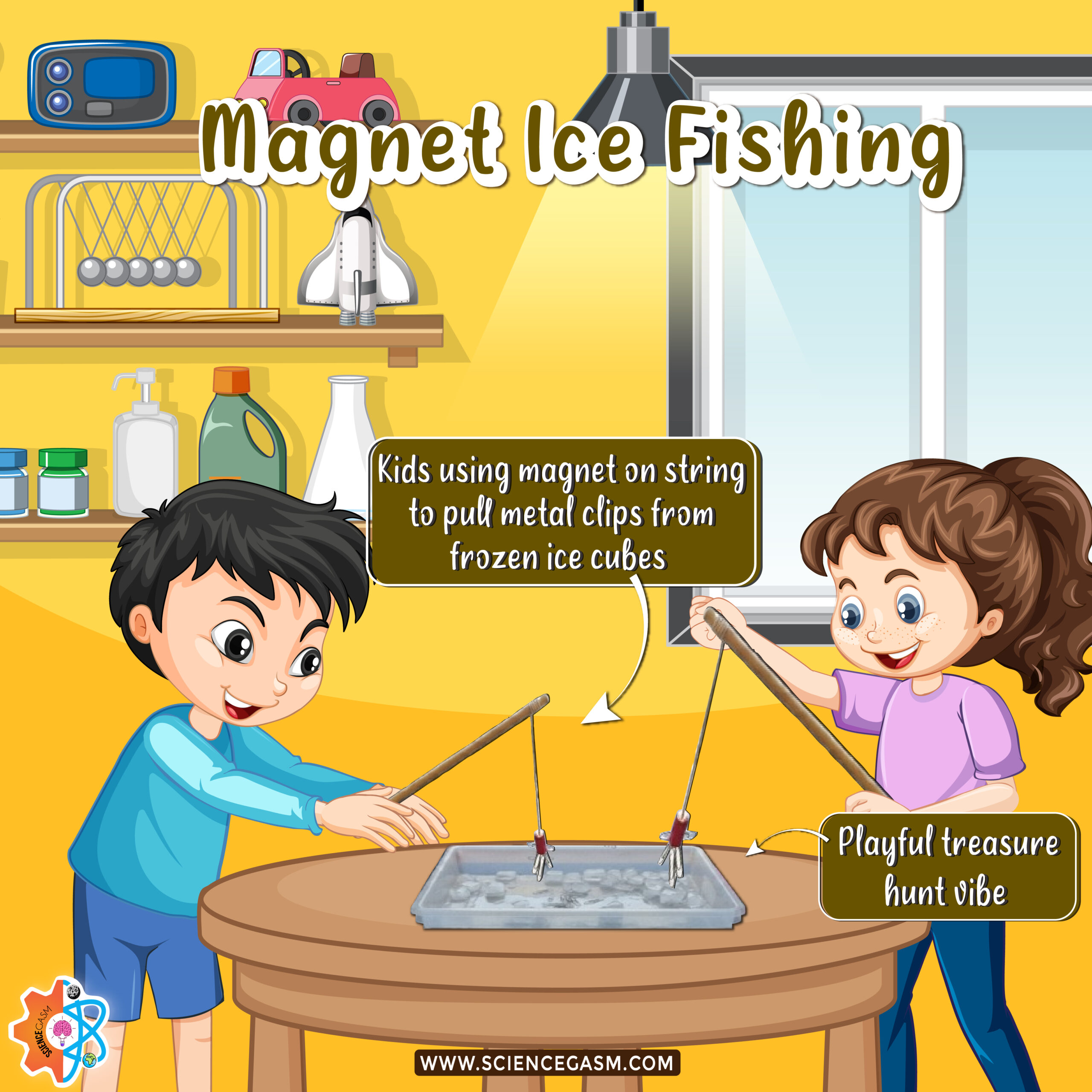 Kids using magnet on string to pull metal objects from frozen ice cubes in a fun science experiment.