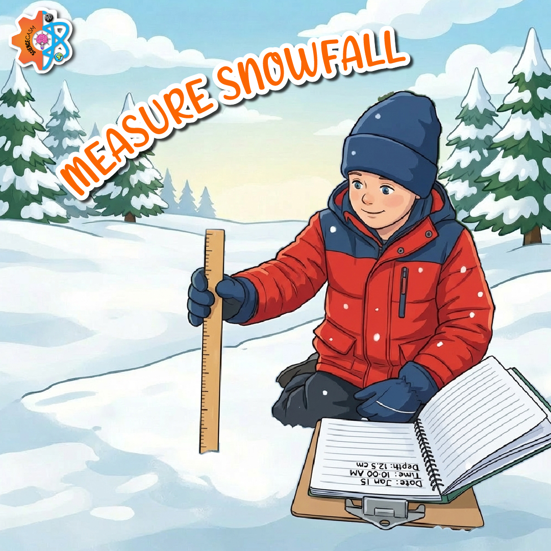Measuring snowfall with ruler in snow and recording data in notebook during winter science experiment