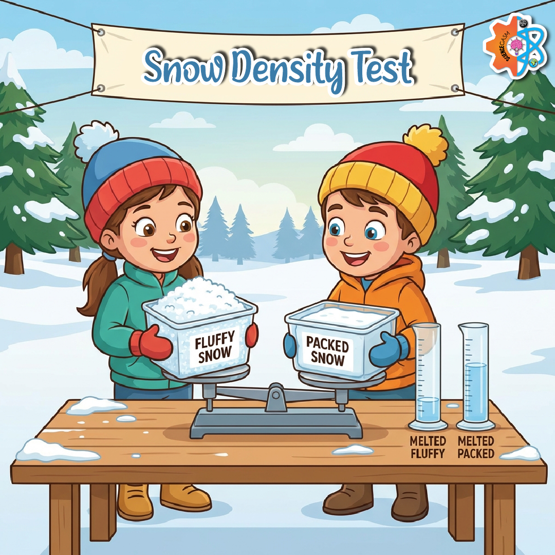 Snow density test comparing fluffy snow and packed snow using containers and measuring melted water volume