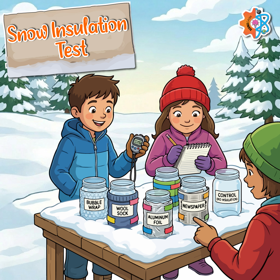 Snow insulation experiment with jars wrapped in materials measuring temperature differences in snow