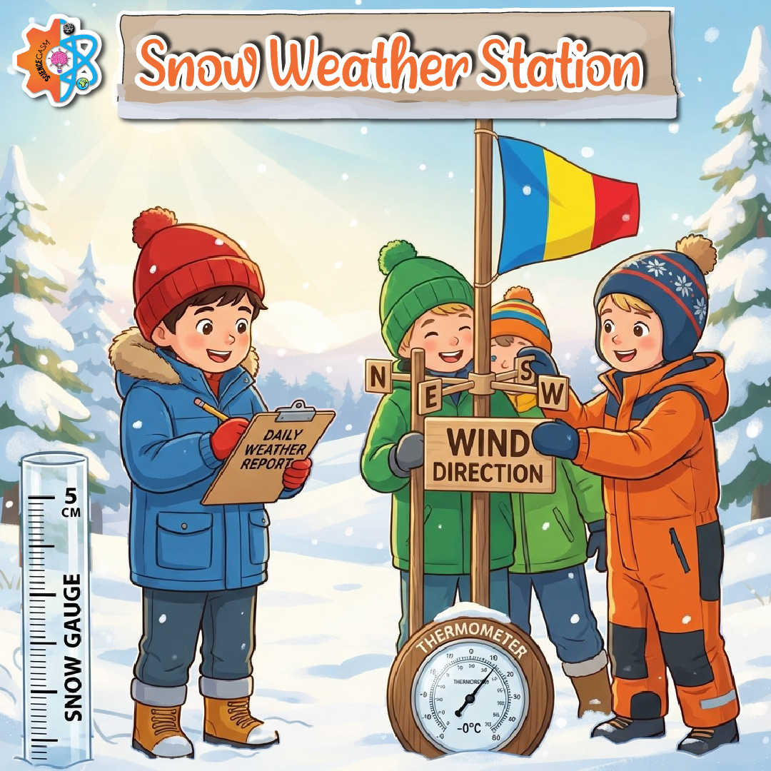 Kids building snow weather station measuring wind direction temperature and snowfall in winter