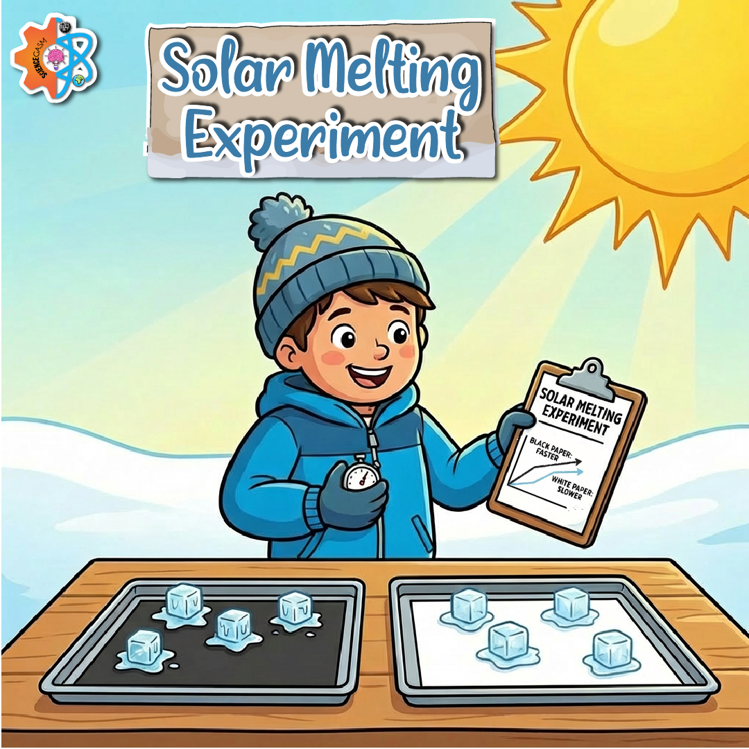 Solar melting experiment showing ice cubes melting faster on black surface than white surface under sunlight
