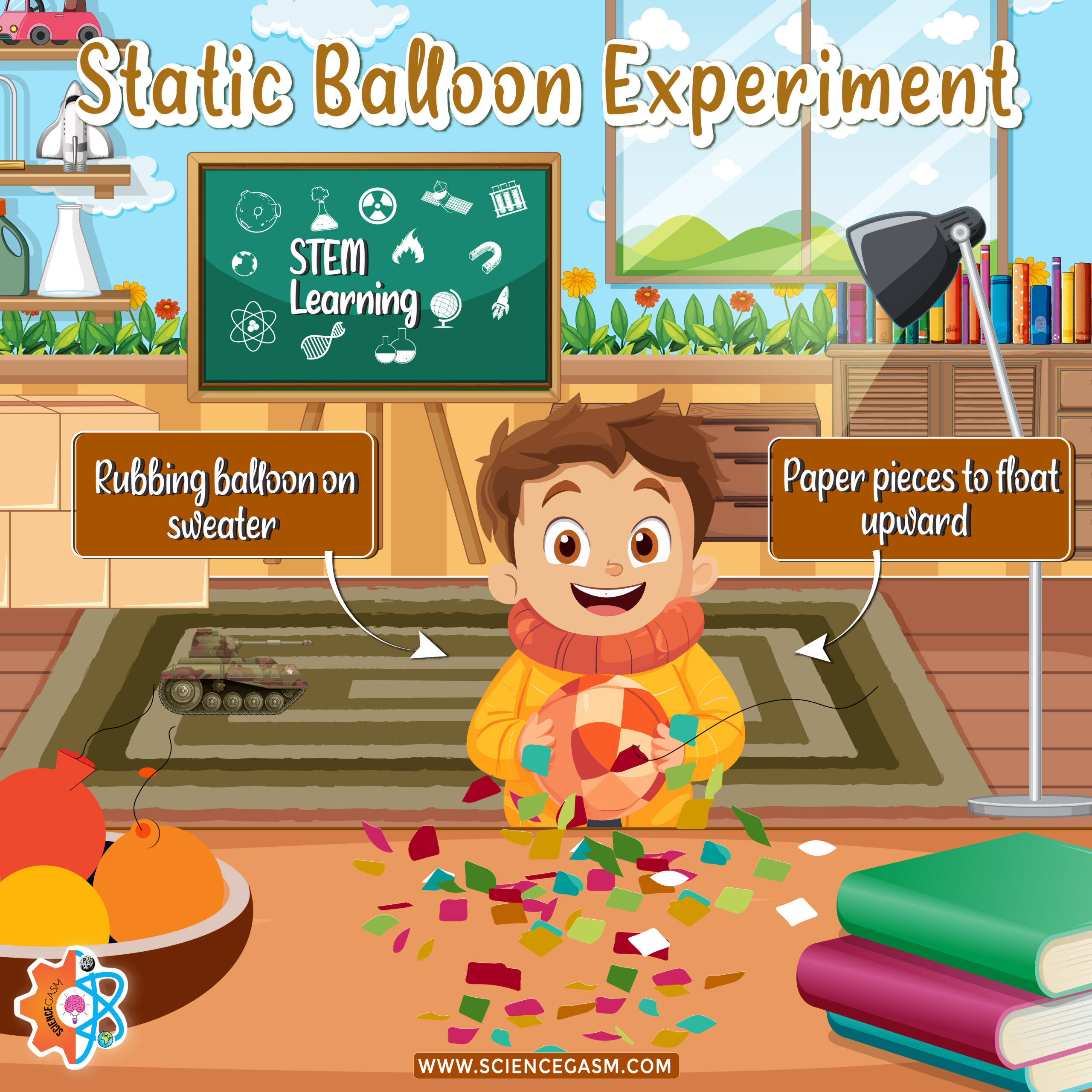 Static electricity experiment with balloon attracting small paper pieces after being rubbed on sweater.