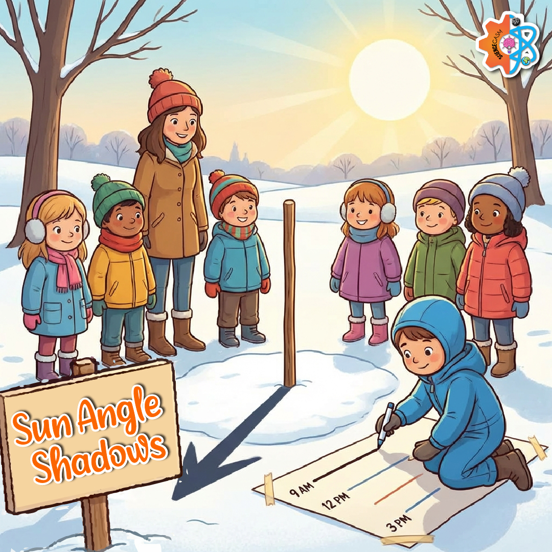 Sun angle shadows experiment showing kids measuring shadow length at different times of the day in winter