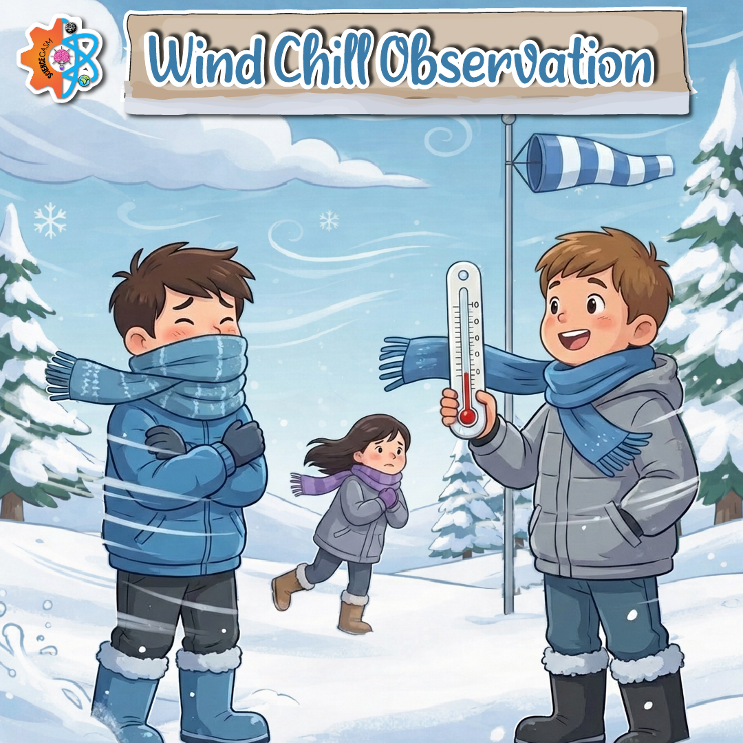 Wind chill observation experiment showing kids outside measuring temperature with a thermometer and feeling cold wind effects in winter