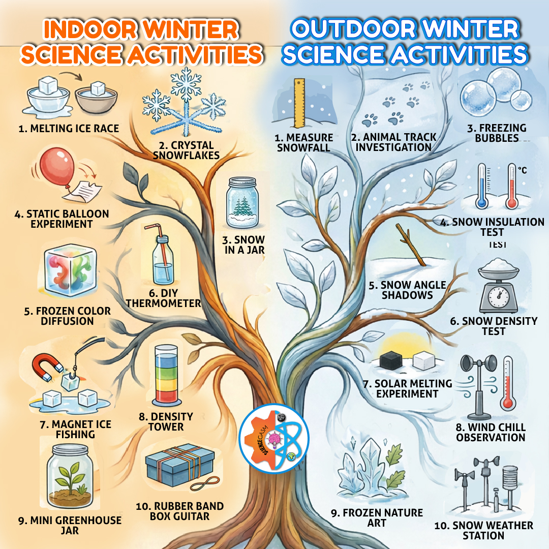 Infographic showing indoor and outdoor winter science activities for kids including melting ice race, crystal snowflakes, freezing bubbles, snow density test, and DIY thermometer experiments