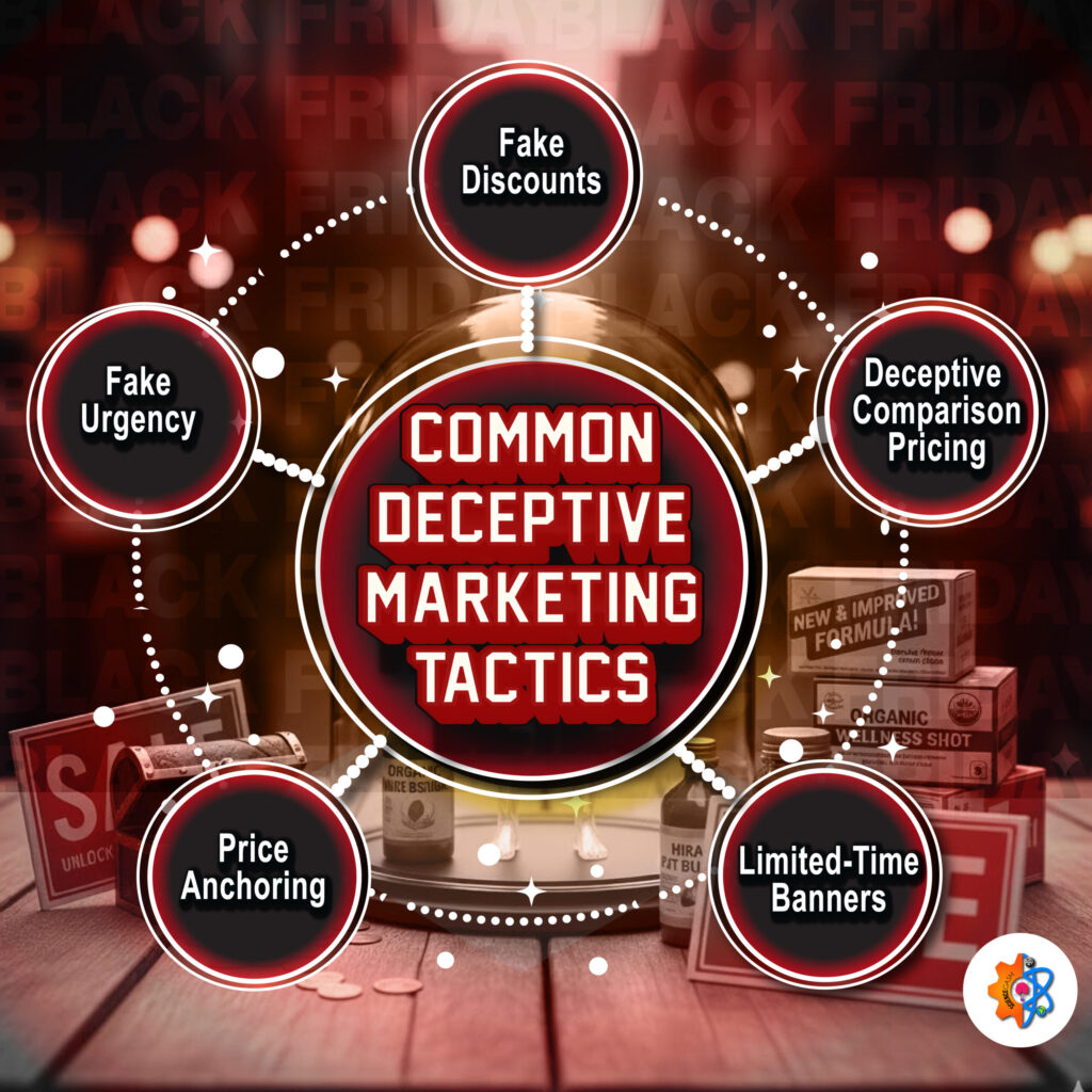 Infographic showing common deceptive marketing tactics during Black Friday including fake discounts, fake urgency, price anchoring and limited-time banners