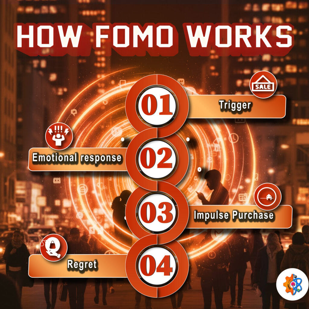 Infographic explaining how FOMO works in marketing including trigger, emotional response, impulse purchase and regret