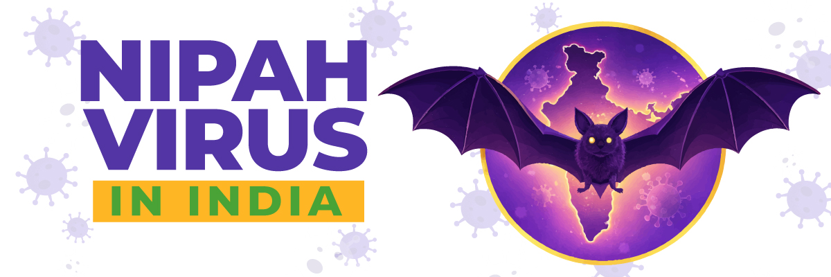 Infographic showing Nipah virus in India with bat transmission and virus particles representing zoonotic disease spread