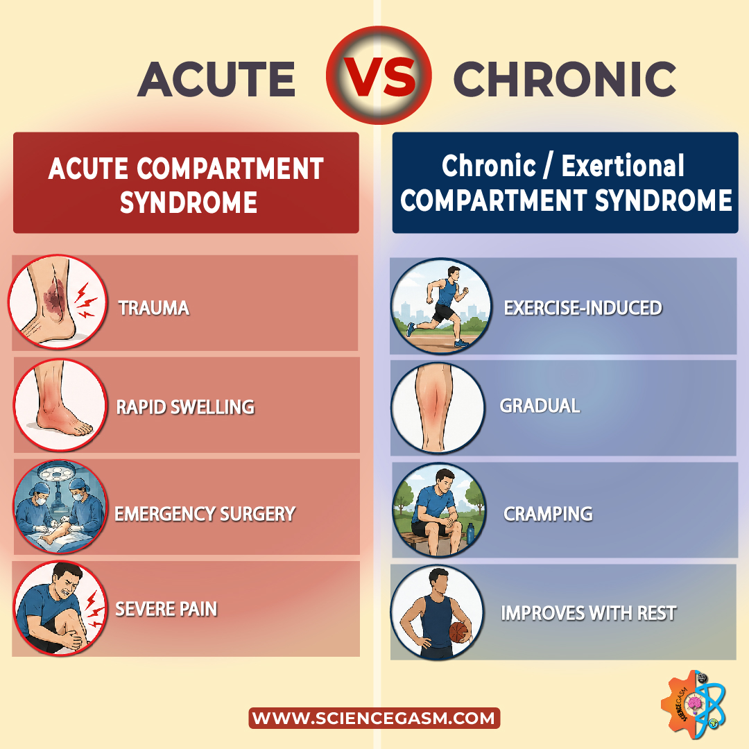 Acute vs chronic compartment syndrome comparison showing trauma swelling severe pain versus exercise induced symptoms