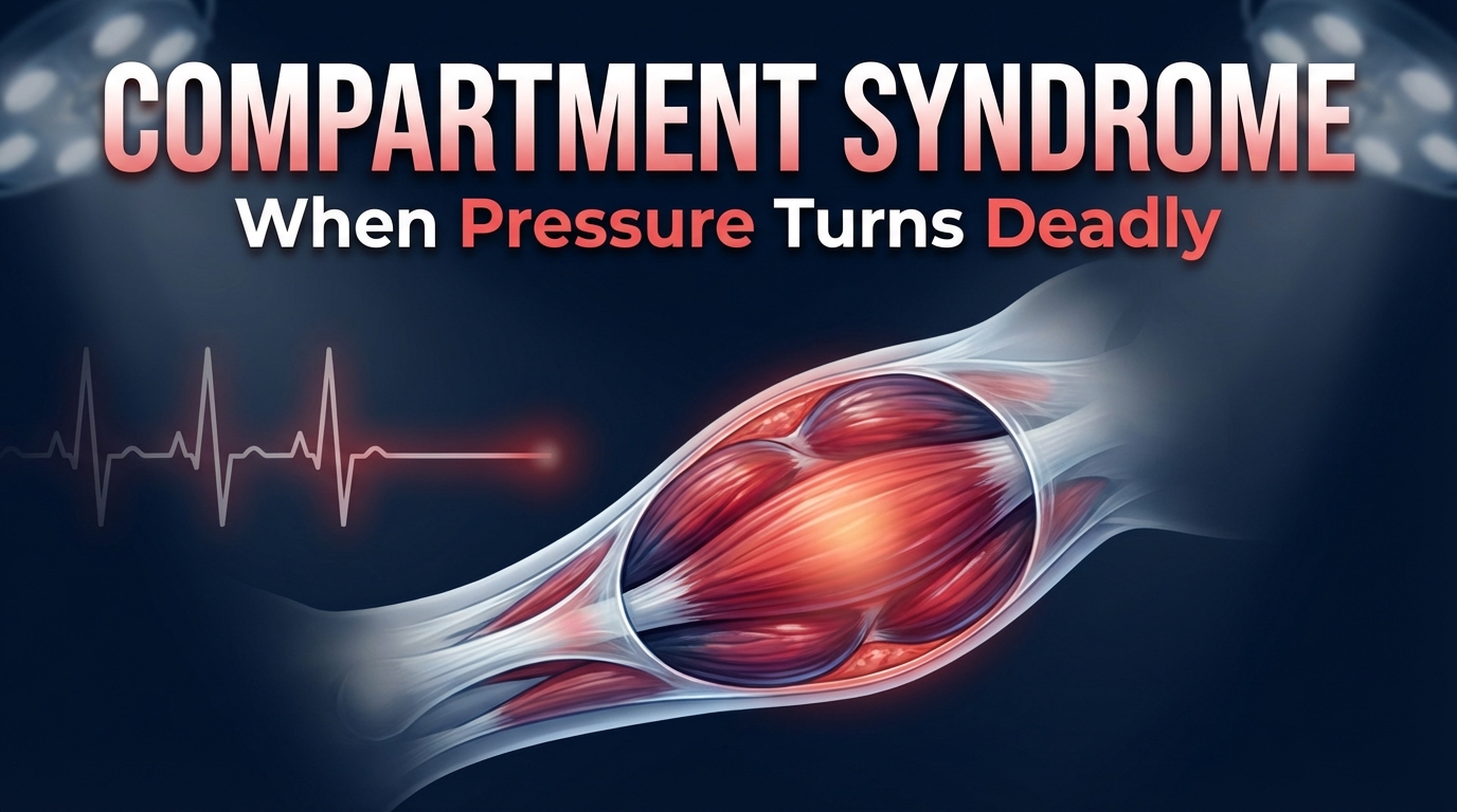 Medical illustration of acute leg compartment syndrome showing swollen muscle compartments under tight fascia with rising internal pressure and reduced blood flow.