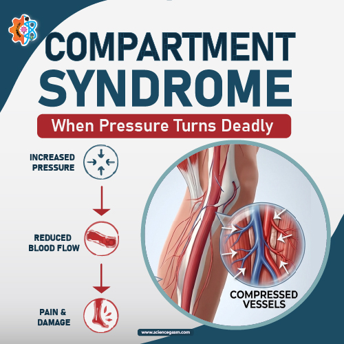 Compartment syndrome illustration showing increased pressure reduced blood flow compressed vessels and tissue damage