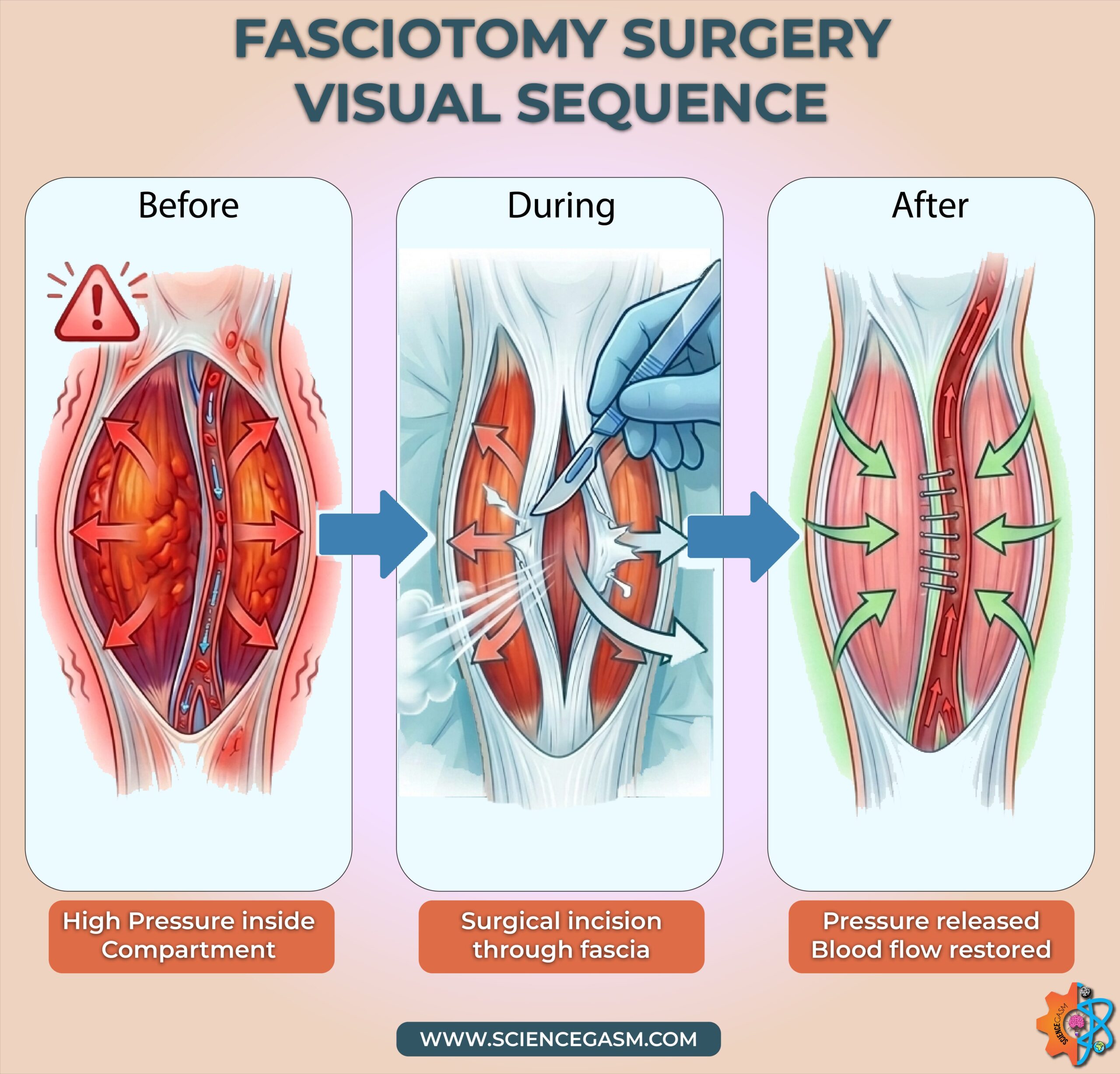 Fasciotomy surgery steps showing pressure release in muscle compartment before during and after procedure