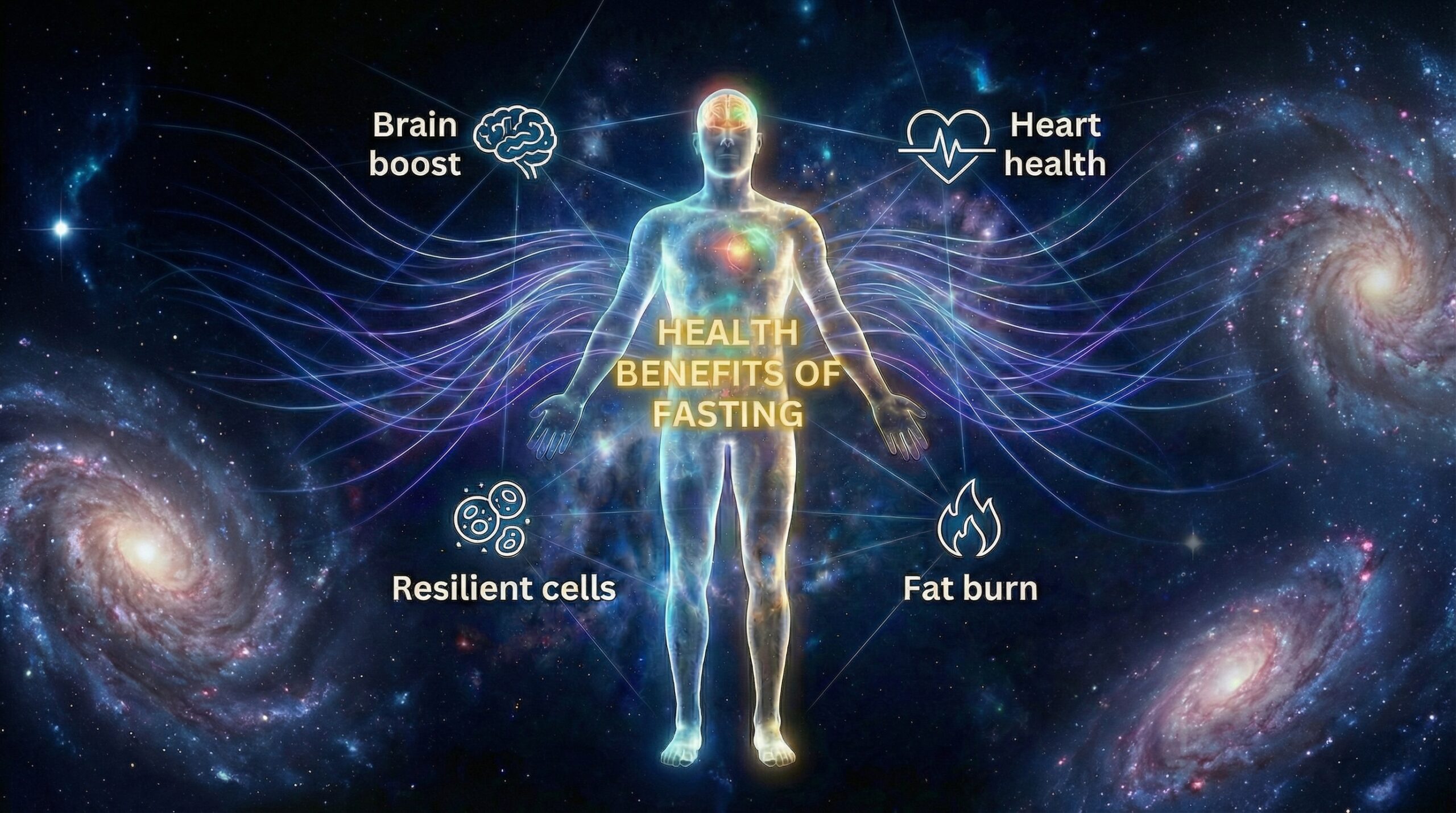 Health benefits of Ramadan fasting infographic showing brain boost, heart health, fat burning and cellular repair
