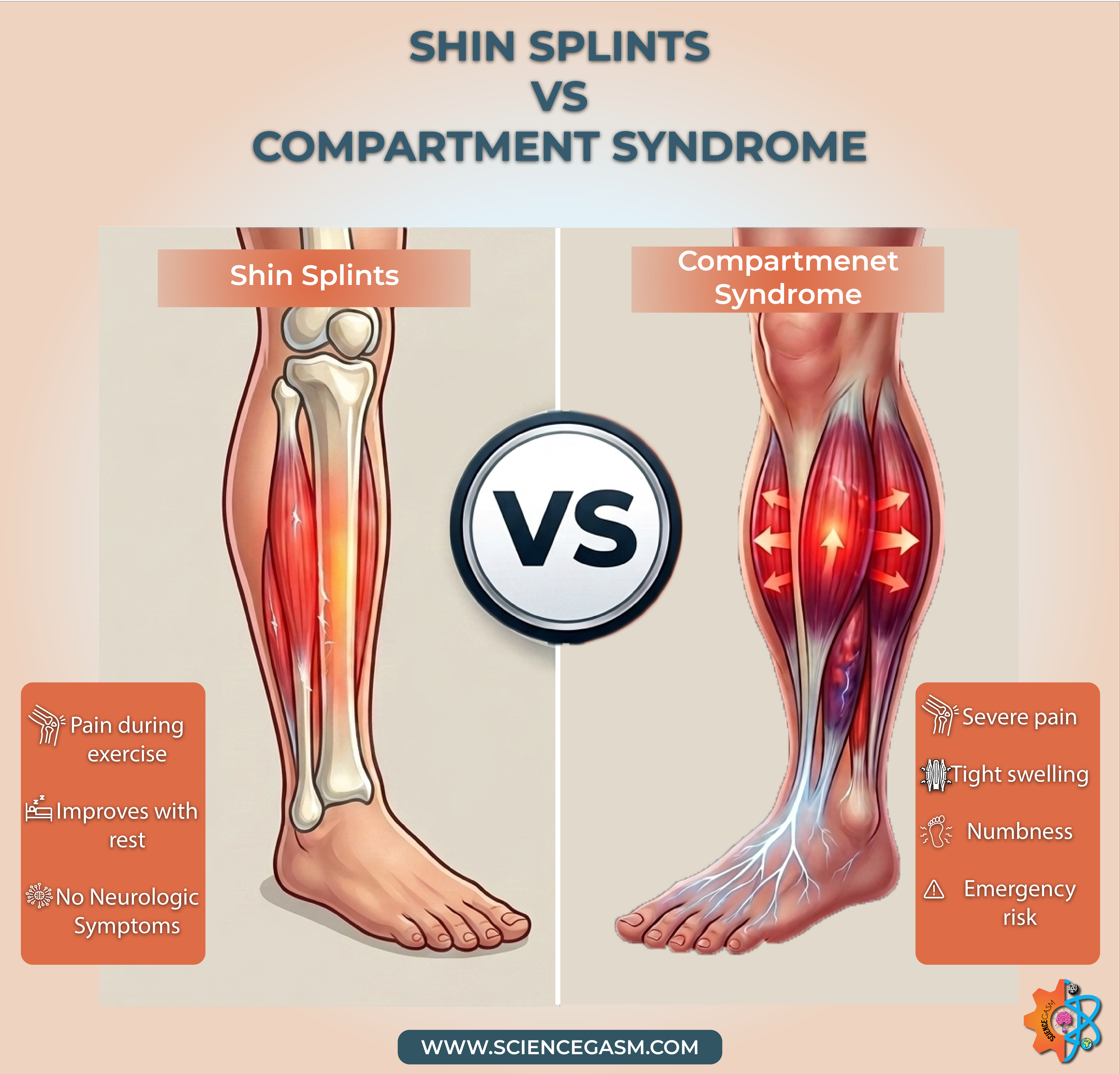 Difference between shin splints and compartment syndrome symptoms comparison pain swelling and emergency signs