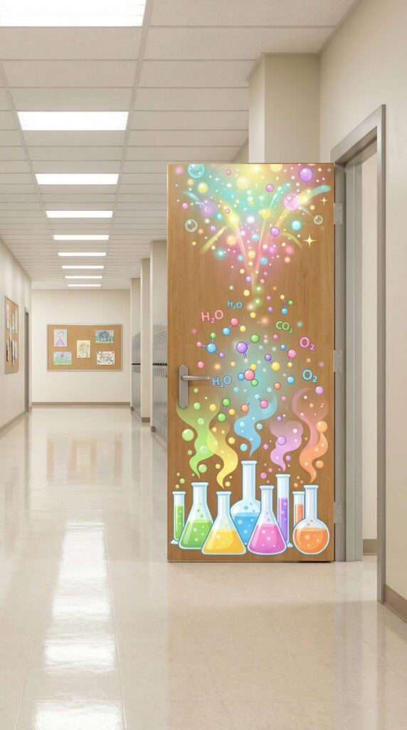 spring chemistry classroom door decoration with colorful beakers bubbles molecules and science formulas