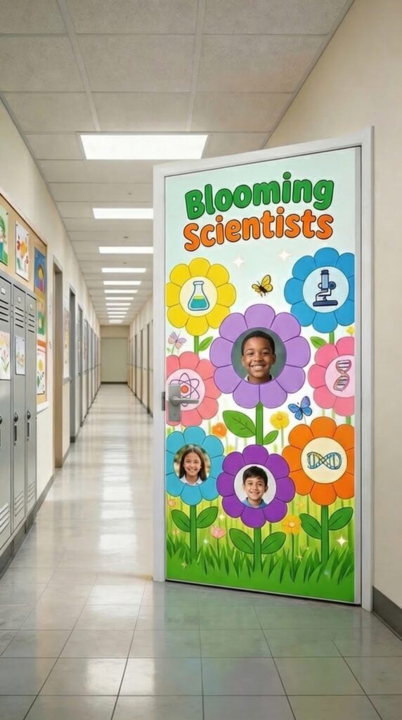 Blooming Scientists spring science classroom door decoration with colorful flowers and science icons for student names