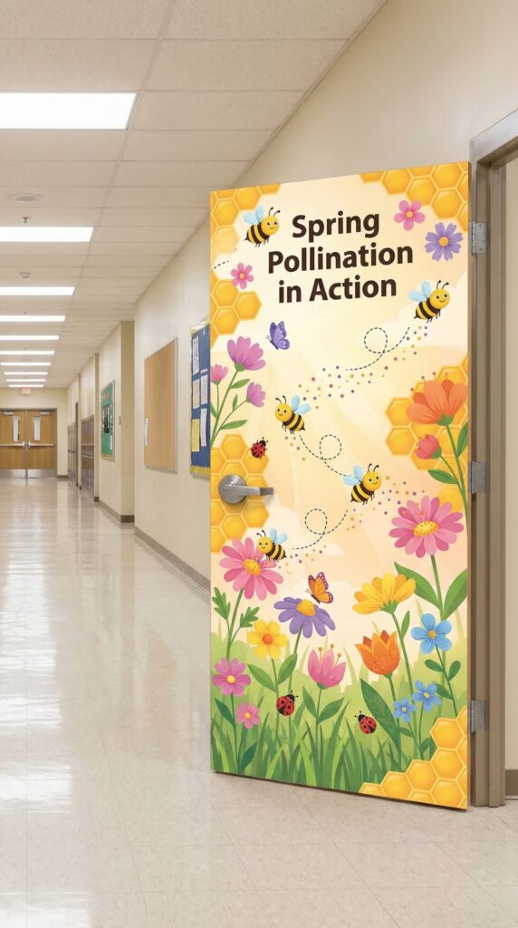 spring pollination classroom door decoration with bees flowers and honeycomb pattern