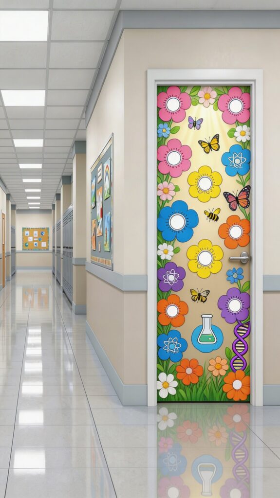 spring science garden classroom door with colorful flowers science icons and butterfly decorations